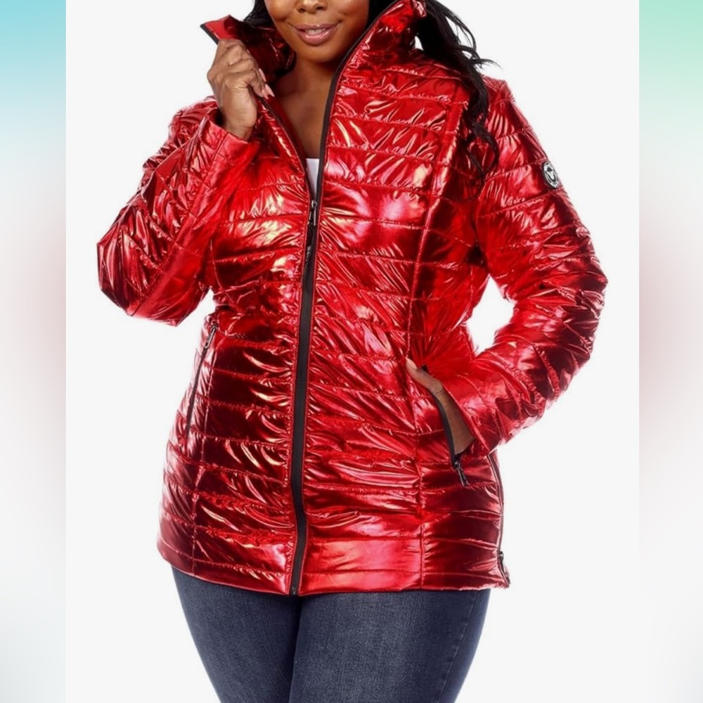 White Mark Women's Plus Size Metallic Zip-Up Quilted Coat - Picture 7 of 9